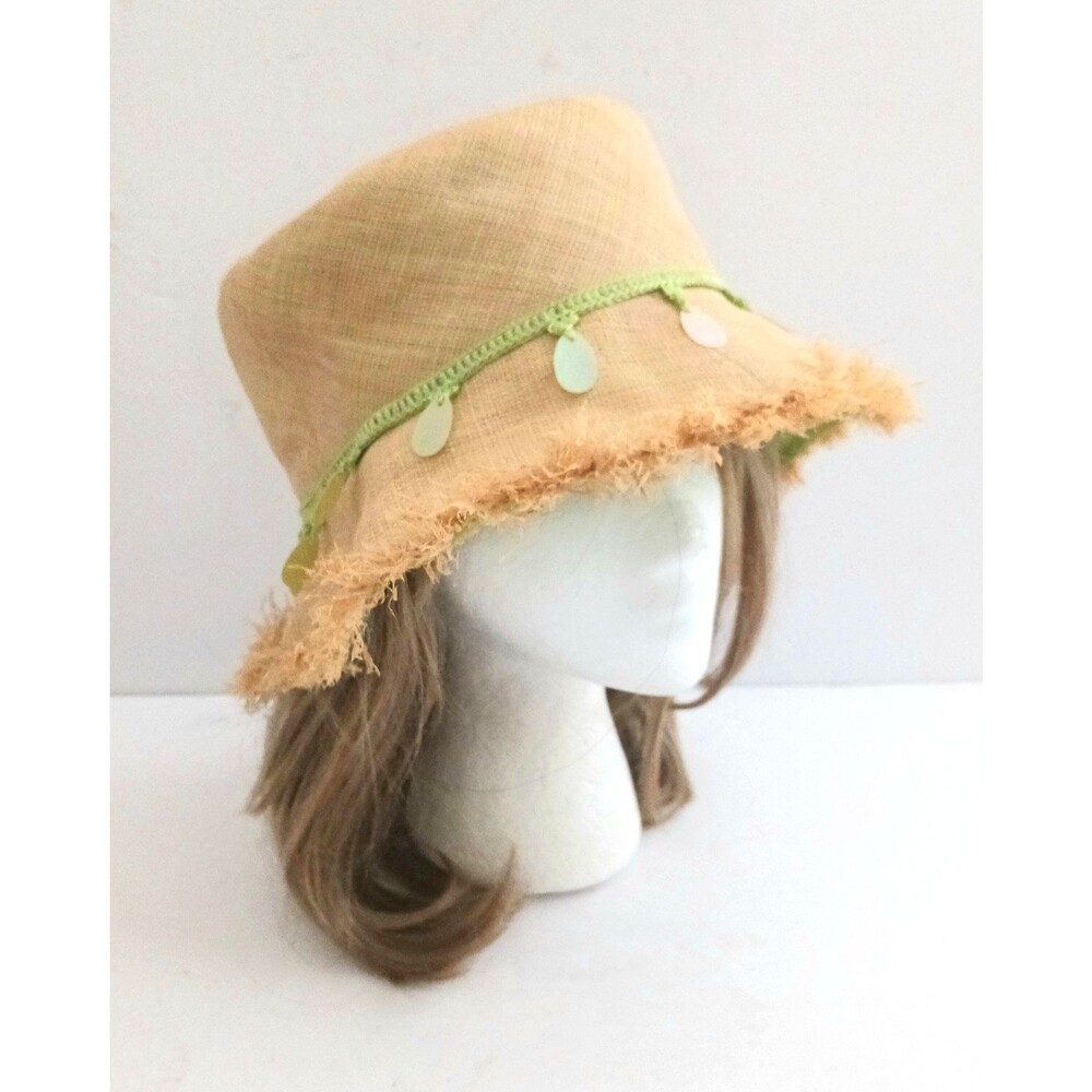 Mossimo Woven Straw Bucket Hat Fringe Brim Lime Bangle Trim O/S